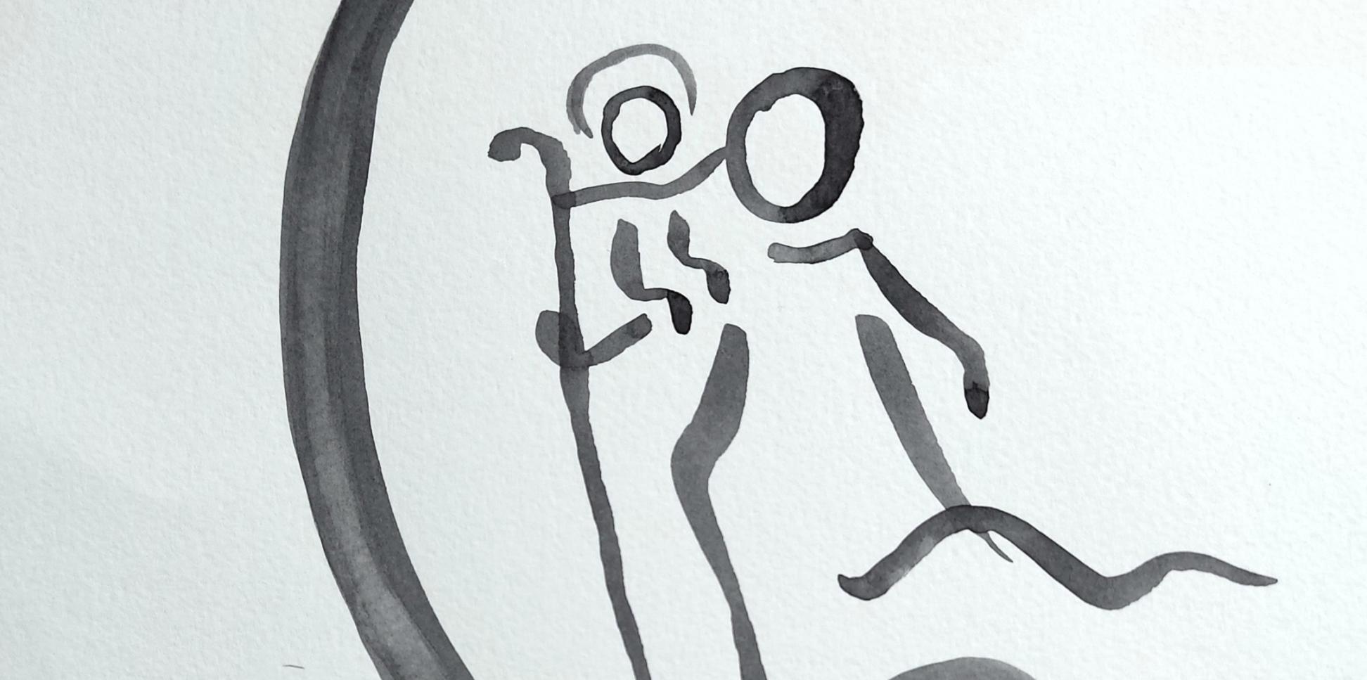 Man sieht eine Tuschezeichnung. Ein großes C umrahmt eine Figur, die ein Kind auf den Schultern trägt, einen Stab in der Hand hält und im Wasser steht