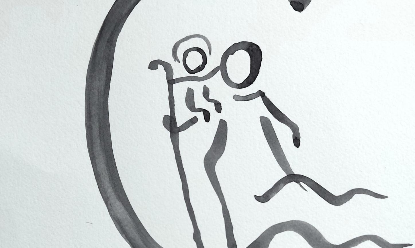 Man sieht eine Tuschezeichnung. Ein großes C umrahmt eine Figur, die ein Kind auf den Schultern trägt, einen Stab in der Hand hält und im Wasser steht