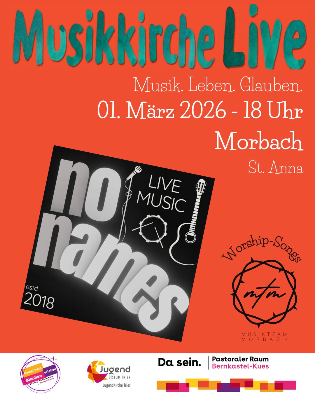 orangenes Plakat mit Schriftzug Musikkirche Live